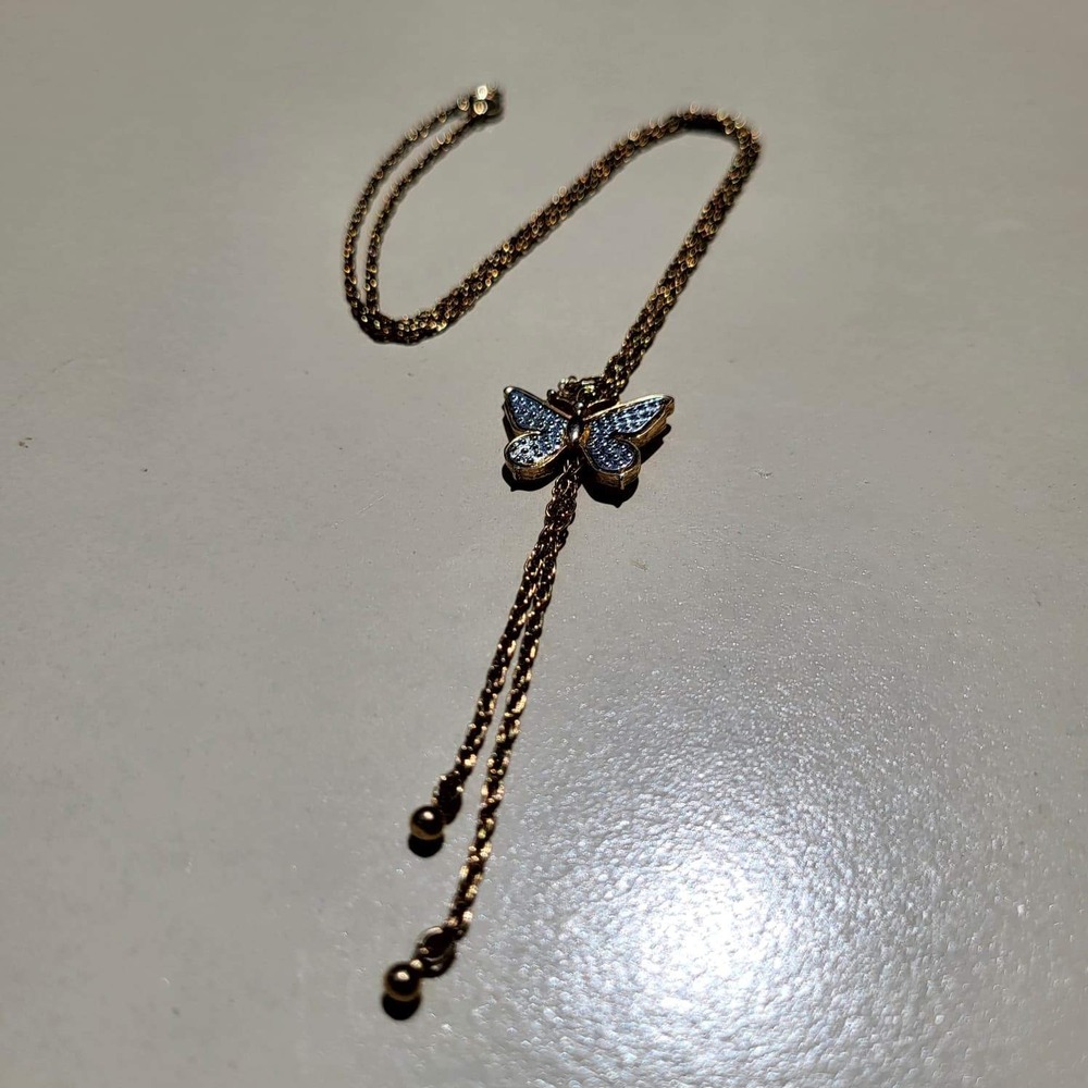 Vintage Avon Gold Tone Butterfly Lariat Necklace Blue White Adjustable Slide - Picture 8 of 10